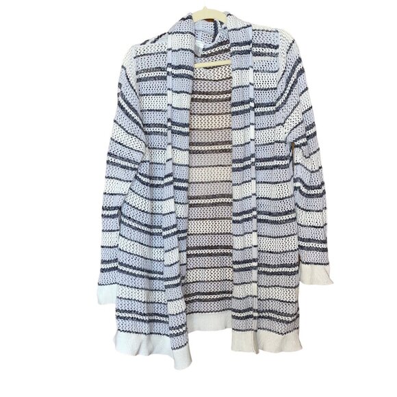 GapBody Womens XL Open Knit Striped Cardigan Sweater White & Blue 100% Cotton - Picture 1 of 7